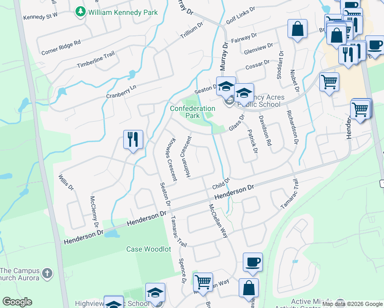 map of restaurants, bars, coffee shops, grocery stores, and more near 21 Browning Court in Aurora
