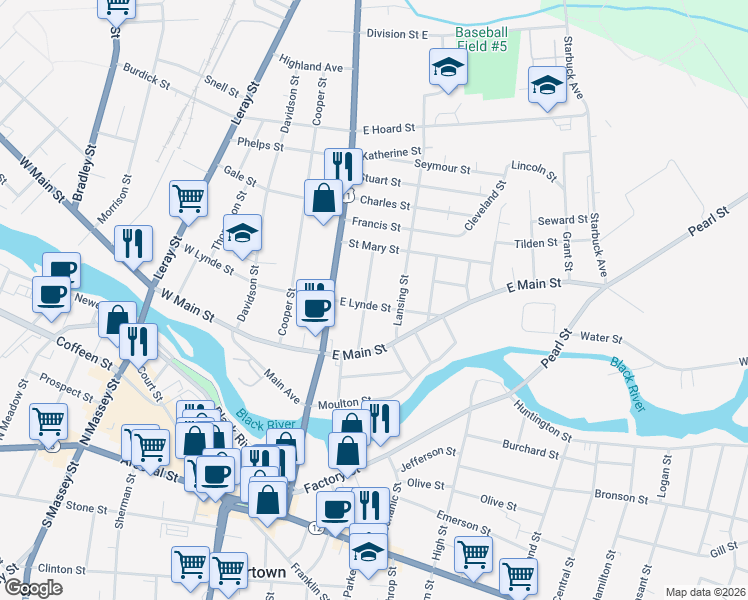 map of restaurants, bars, coffee shops, grocery stores, and more near 137 East Lynde Street in Watertown