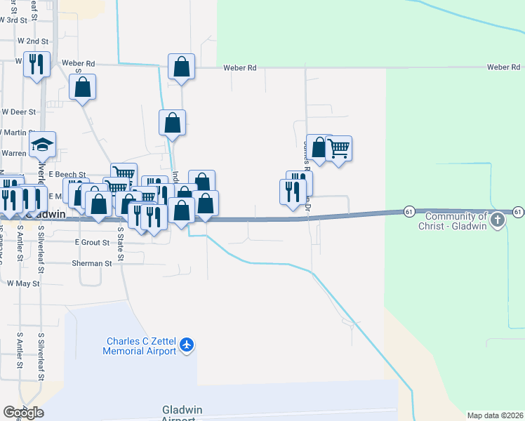 map of restaurants, bars, coffee shops, grocery stores, and more near 1147 East Cedar Avenue in Gladwin