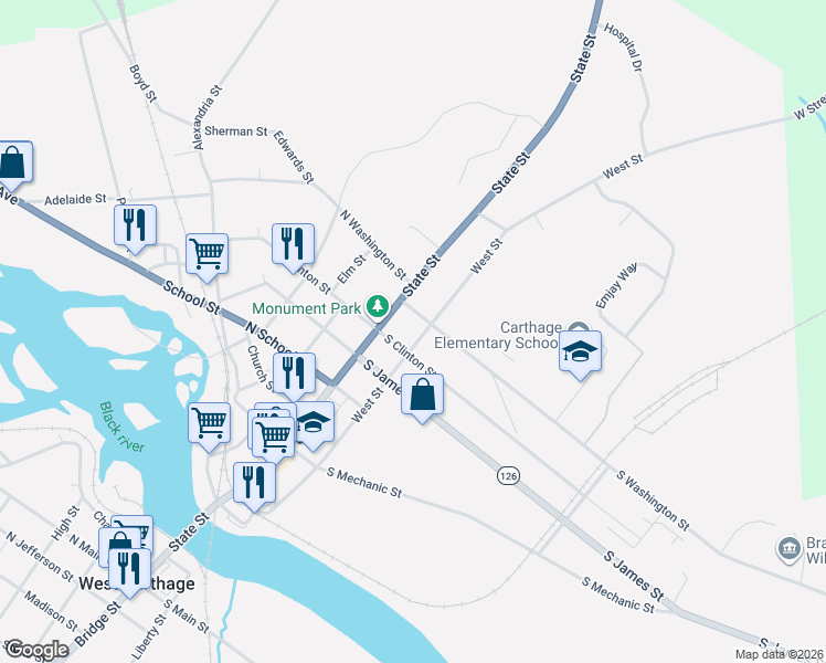 map of restaurants, bars, coffee shops, grocery stores, and more near 114 South Washington Street in Carthage