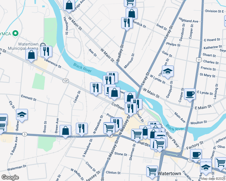 map of restaurants, bars, coffee shops, grocery stores, and more near 497 Newell Street in Watertown
