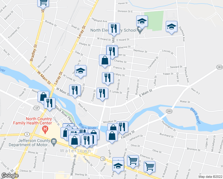 map of restaurants, bars, coffee shops, grocery stores, and more near 113 East Lynde Street in Watertown