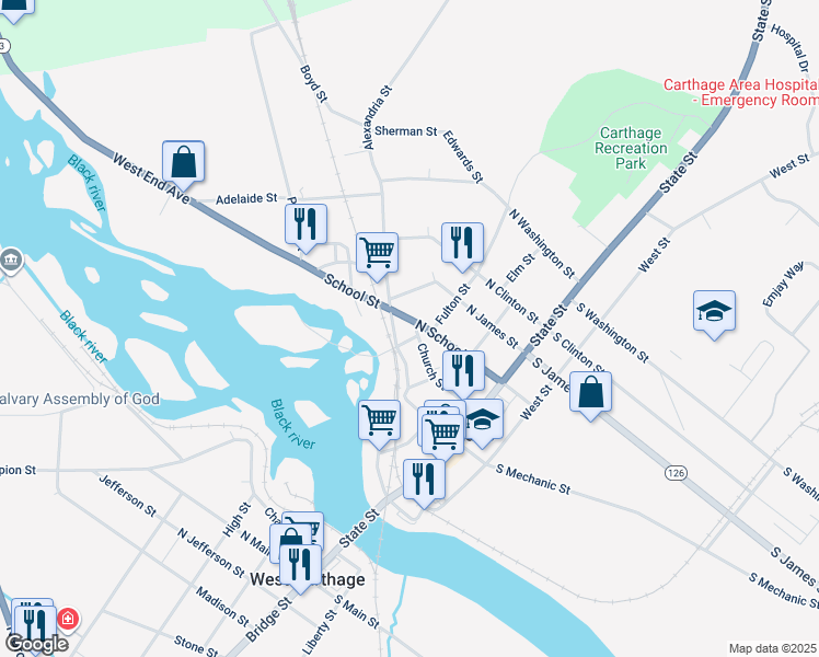 map of restaurants, bars, coffee shops, grocery stores, and more near 314 North Mechanic Street in Carthage