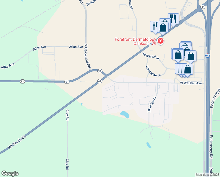 map of restaurants, bars, coffee shops, grocery stores, and more near 2541 West Waukau Avenue in Oshkosh