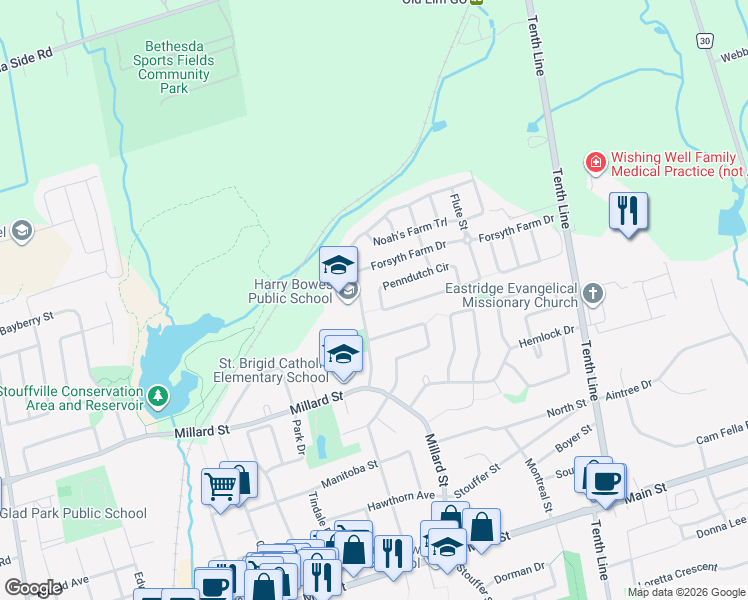 map of restaurants, bars, coffee shops, grocery stores, and more near 155 Penndutch Circle in Whitchurch-Stouffville