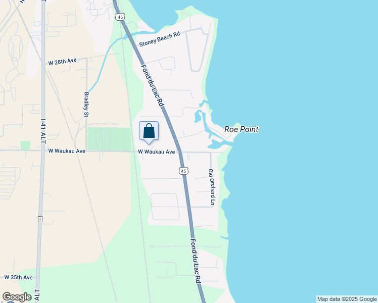 map of restaurants, bars, coffee shops, grocery stores, and more near 30 East Waukau Avenue in Oshkosh