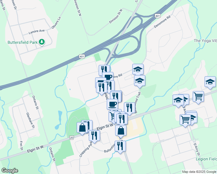 map of restaurants, bars, coffee shops, grocery stores, and more near 1040 Division Street in Cobourg