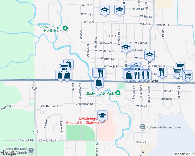 map of restaurants, bars, coffee shops, grocery stores, and more near 720 West Cedar Avenue in Gladwin