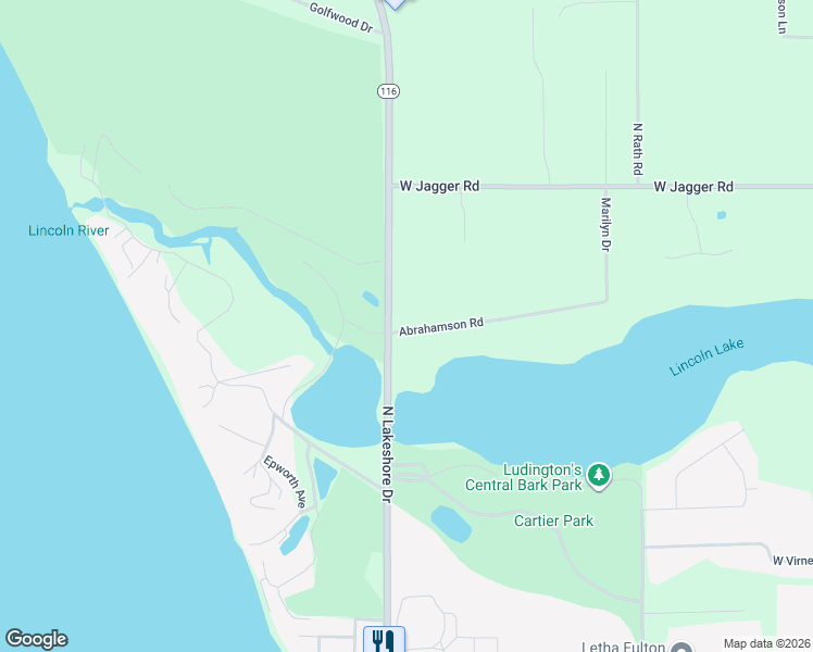 map of restaurants, bars, coffee shops, grocery stores, and more near 1414 North Lakeshore Drive in Ludington