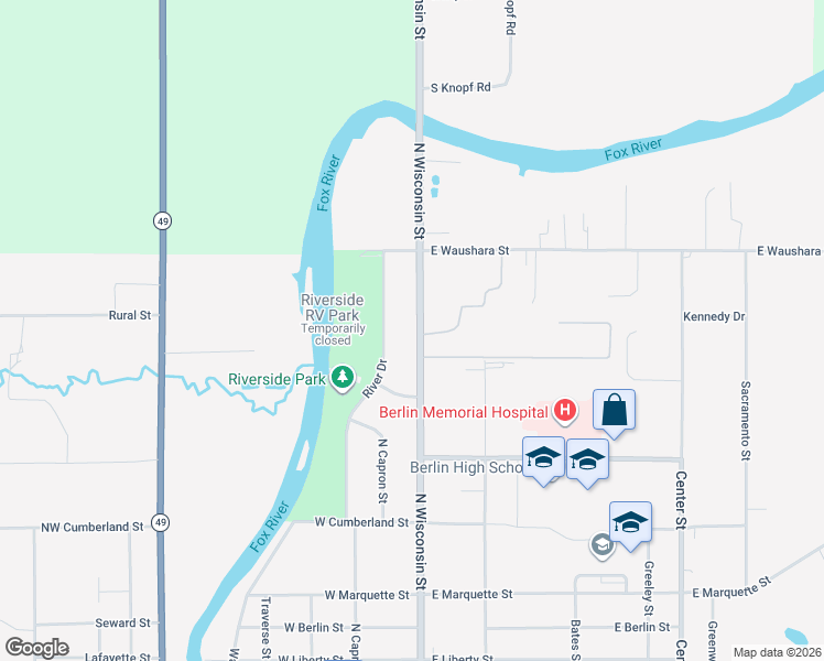 map of restaurants, bars, coffee shops, grocery stores, and more near 521 North Wisconsin Street in Berlin