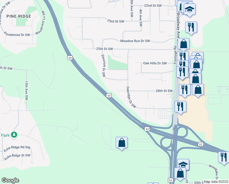 map of restaurants, bars, coffee shops, grocery stores, and more near 522 28th Street Southwest in Rochester