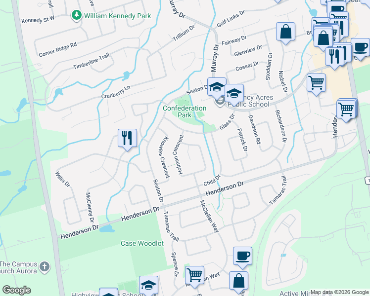 map of restaurants, bars, coffee shops, grocery stores, and more near 5 Johnson Road in Aurora