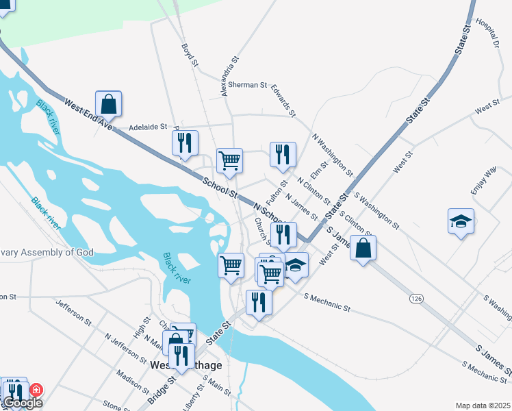 map of restaurants, bars, coffee shops, grocery stores, and more near 310 North School Street in Carthage