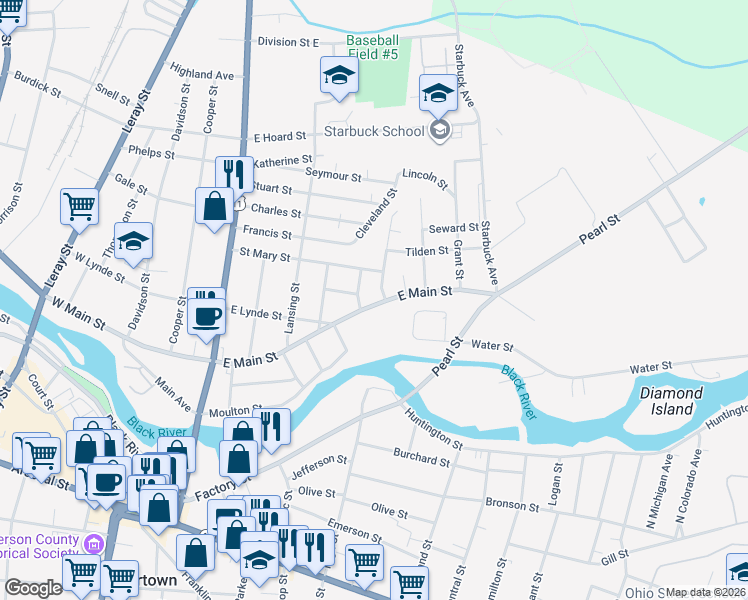 map of restaurants, bars, coffee shops, grocery stores, and more near 287 East Main Street in Watertown