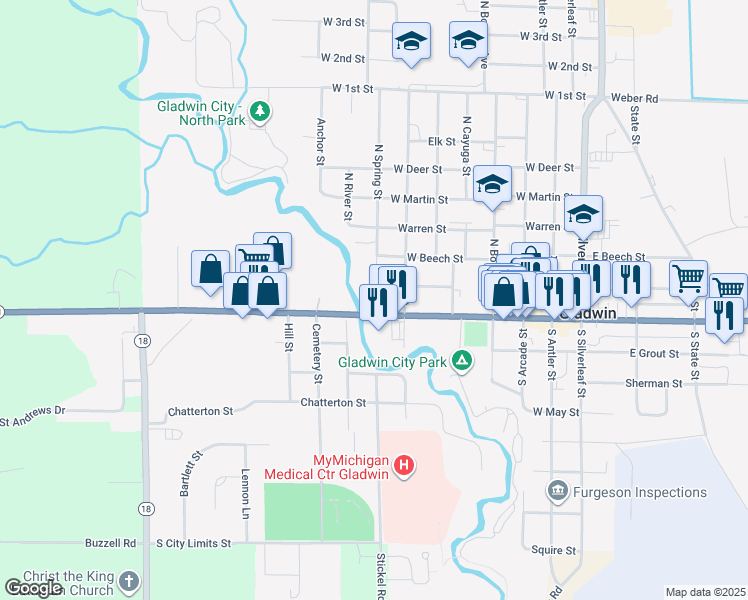 map of restaurants, bars, coffee shops, grocery stores, and more near 720 West Cedar Avenue in Gladwin