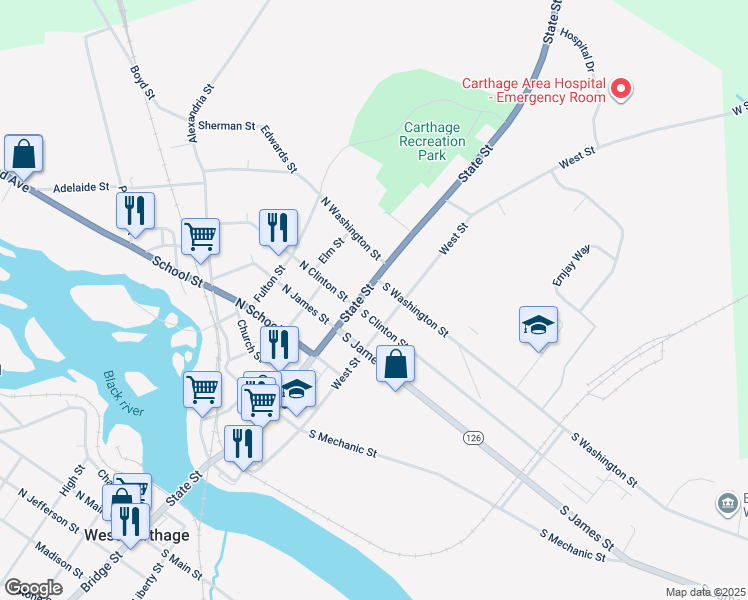 map of restaurants, bars, coffee shops, grocery stores, and more near 114 South Washington Street in Carthage