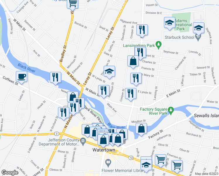 map of restaurants, bars, coffee shops, grocery stores, and more near 537 Davidson Street in Watertown