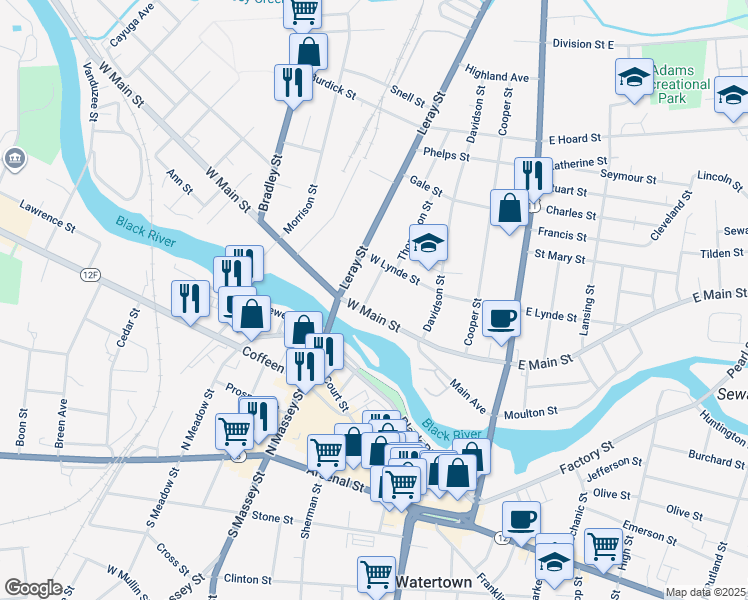 map of restaurants, bars, coffee shops, grocery stores, and more near 522 Curtis Street in Watertown