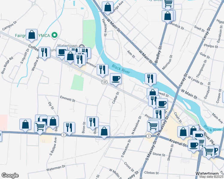 map of restaurants, bars, coffee shops, grocery stores, and more near 631 Coffeen Street in Watertown