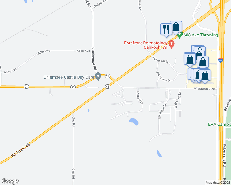 map of restaurants, bars, coffee shops, grocery stores, and more near 2541 West Waukau Avenue in Oshkosh