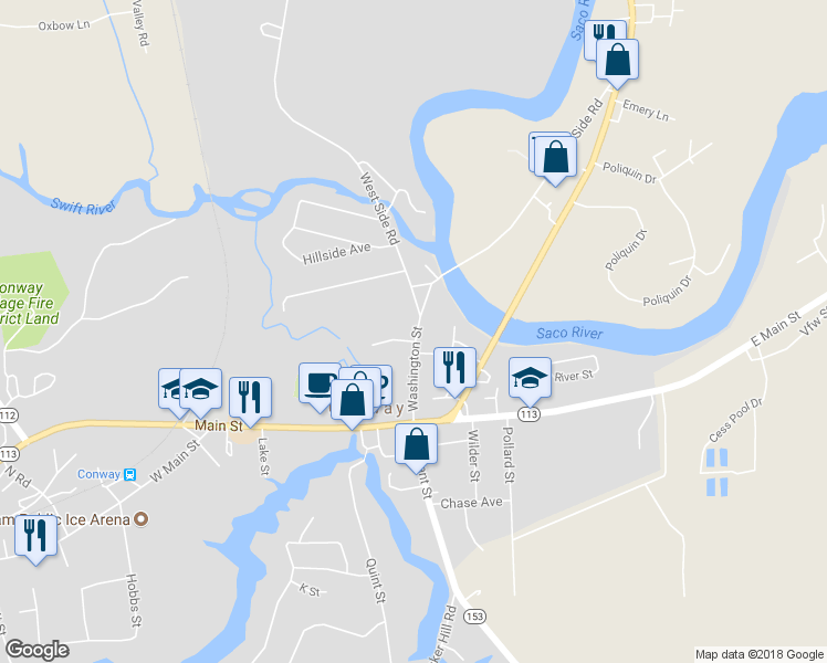 map of restaurants, bars, coffee shops, grocery stores, and more near 81 Washington Street in Conway