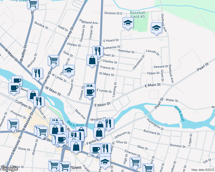 map of restaurants, bars, coffee shops, grocery stores, and more near 616 Mundy Street in Watertown
