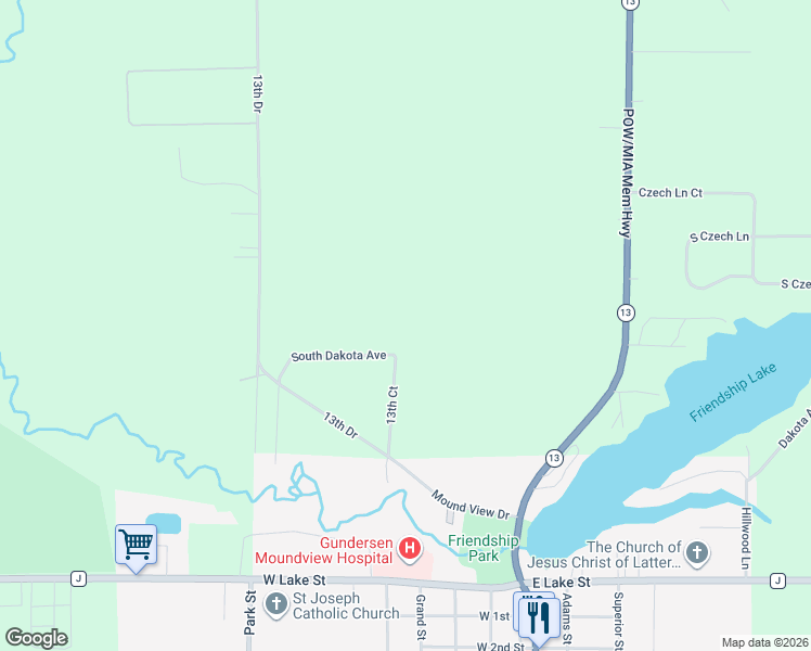 map of restaurants, bars, coffee shops, grocery stores, and more near 1906 13th Court in Friendship