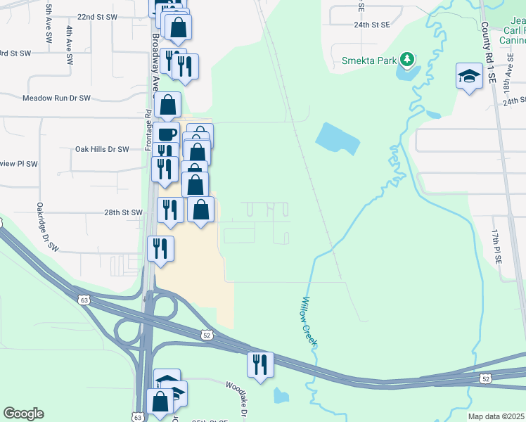 map of restaurants, bars, coffee shops, grocery stores, and more near 555 28th Street Southeast in Rochester
