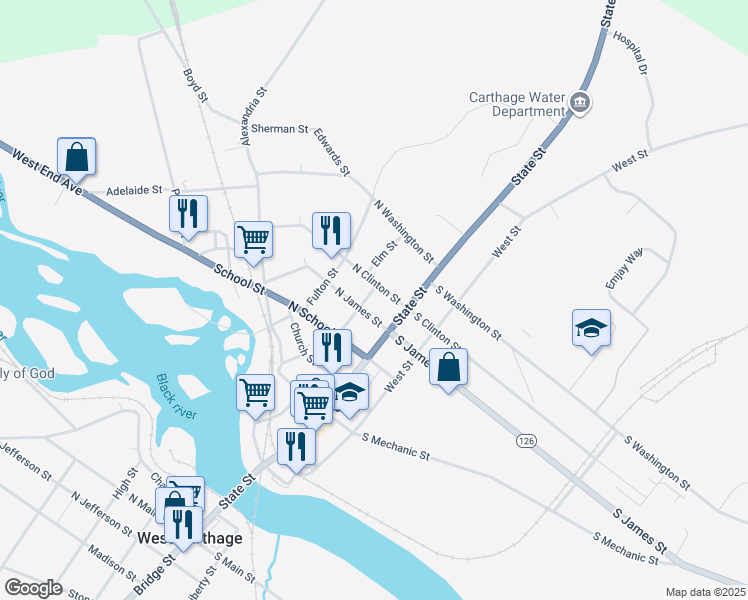 map of restaurants, bars, coffee shops, grocery stores, and more near 612 Budd Street in Carthage