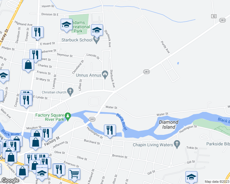 map of restaurants, bars, coffee shops, grocery stores, and more near Pearl Street & East Main Street in Watertown