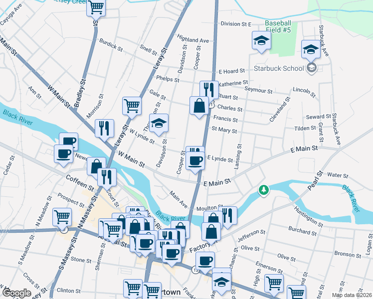 map of restaurants, bars, coffee shops, grocery stores, and more near 126 West Lynde Street in Watertown
