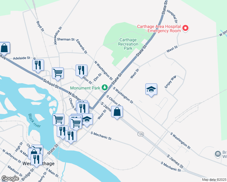 map of restaurants, bars, coffee shops, grocery stores, and more near 114 South Washington Street in Carthage