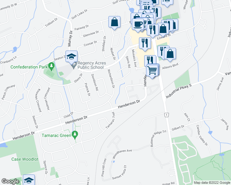 map of restaurants, bars, coffee shops, grocery stores, and more near 31 Richardson Drive in Aurora