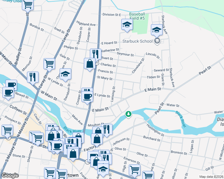 map of restaurants, bars, coffee shops, grocery stores, and more near 619 Lansing Street in Watertown