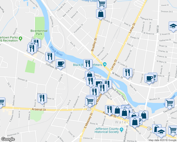 map of restaurants, bars, coffee shops, grocery stores, and more near 500 Newell Street in Watertown