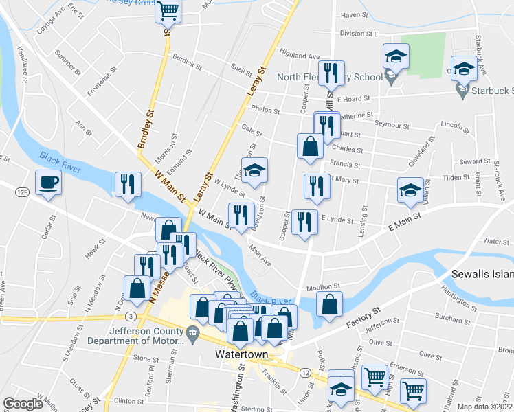 map of restaurants, bars, coffee shops, grocery stores, and more near 541 Davidson Street in Watertown