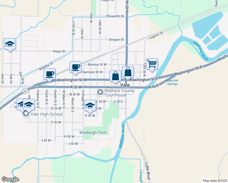 map of restaurants, bars, coffee shops, grocery stores, and more near 148 Main Street South in Vale