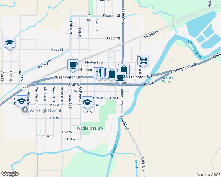 map of restaurants, bars, coffee shops, grocery stores, and more near 148 Main Street South in Vale