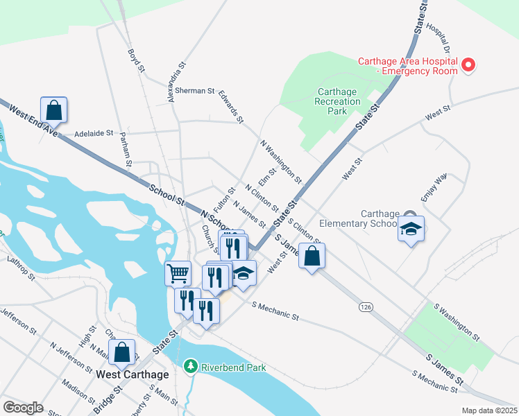 map of restaurants, bars, coffee shops, grocery stores, and more near 612 Budd Street in Carthage
