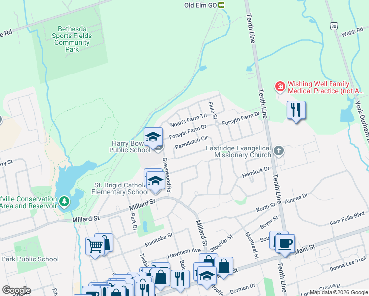 map of restaurants, bars, coffee shops, grocery stores, and more near 208 Penndutch Circle in Whitchurch-Stouffville