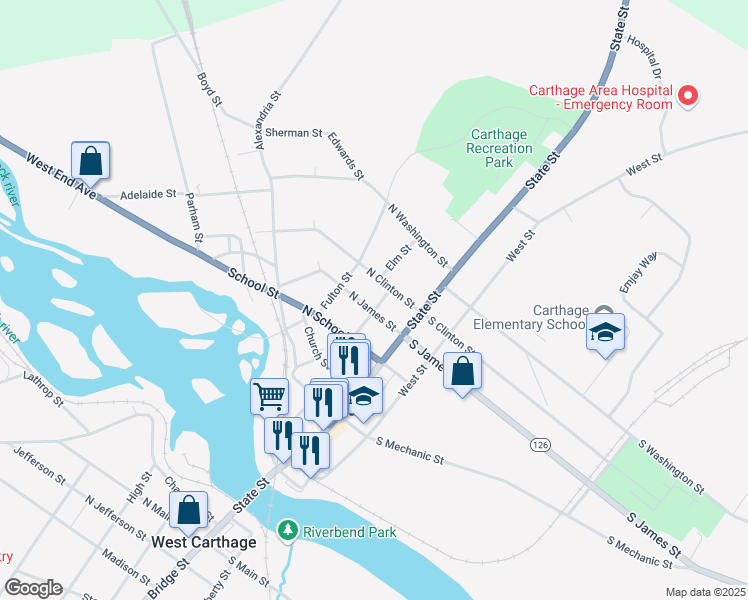 map of restaurants, bars, coffee shops, grocery stores, and more near 612 Budd Street in Carthage