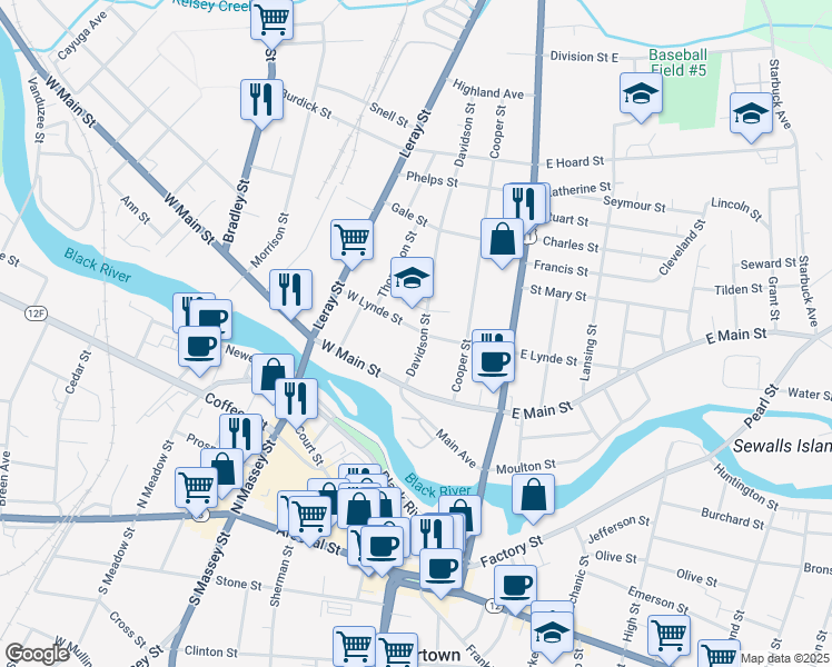 map of restaurants, bars, coffee shops, grocery stores, and more near 317 West Lynde Street in Watertown