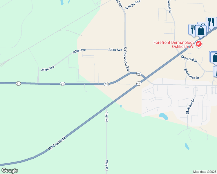 map of restaurants, bars, coffee shops, grocery stores, and more near 4097 Wisconsin 91 in Oshkosh