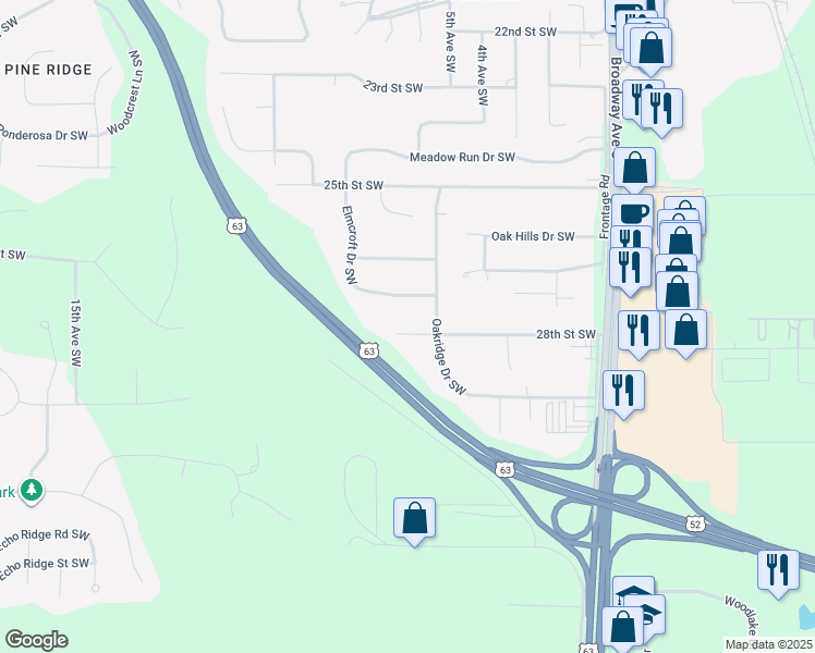 map of restaurants, bars, coffee shops, grocery stores, and more near 509 28th Street Southwest in Rochester