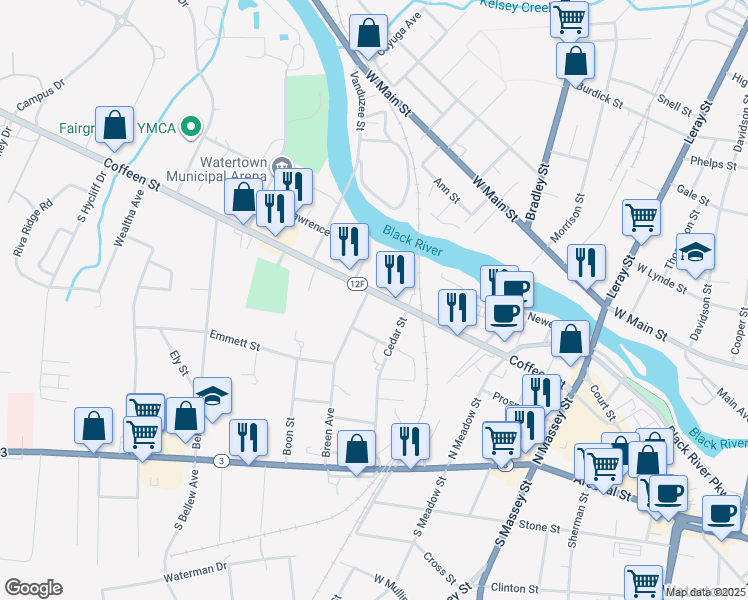 map of restaurants, bars, coffee shops, grocery stores, and more near 631 Coffeen Street in Watertown