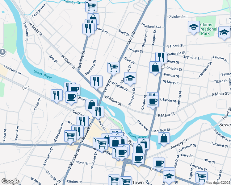 map of restaurants, bars, coffee shops, grocery stores, and more near 522 Curtis St in Watertown