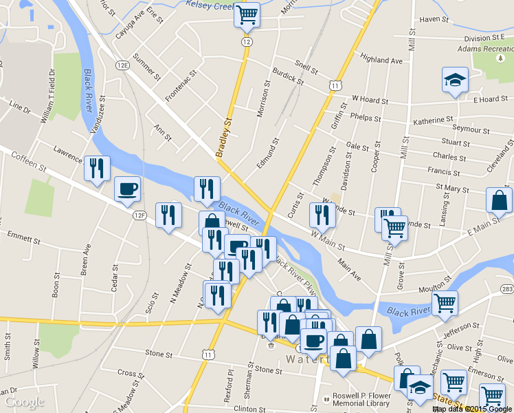 map of restaurants, bars, coffee shops, grocery stores, and more near 525 W Main St in Watertown
