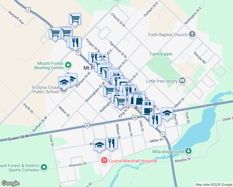 map of restaurants, bars, coffee shops, grocery stores, and more near 107 Wellington Street West in Mount Forest