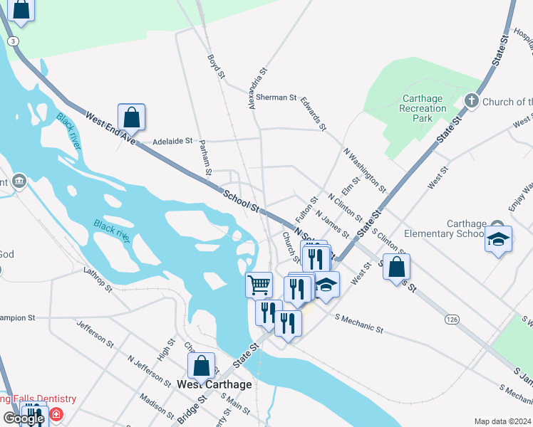 map of restaurants, bars, coffee shops, grocery stores, and more near New York 3 & North Mechanic Street in Carthage