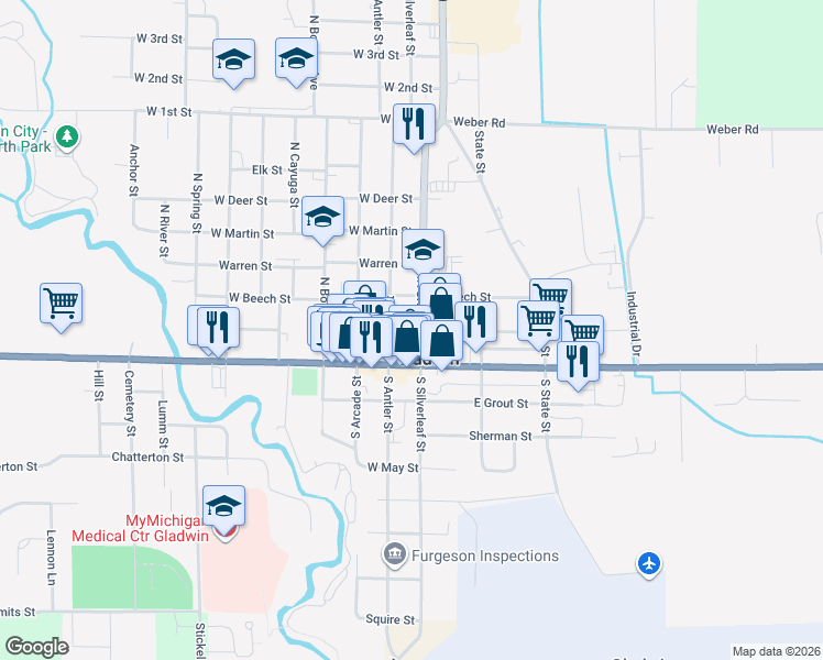 map of restaurants, bars, coffee shops, grocery stores, and more near 130 West Maple Street in Gladwin